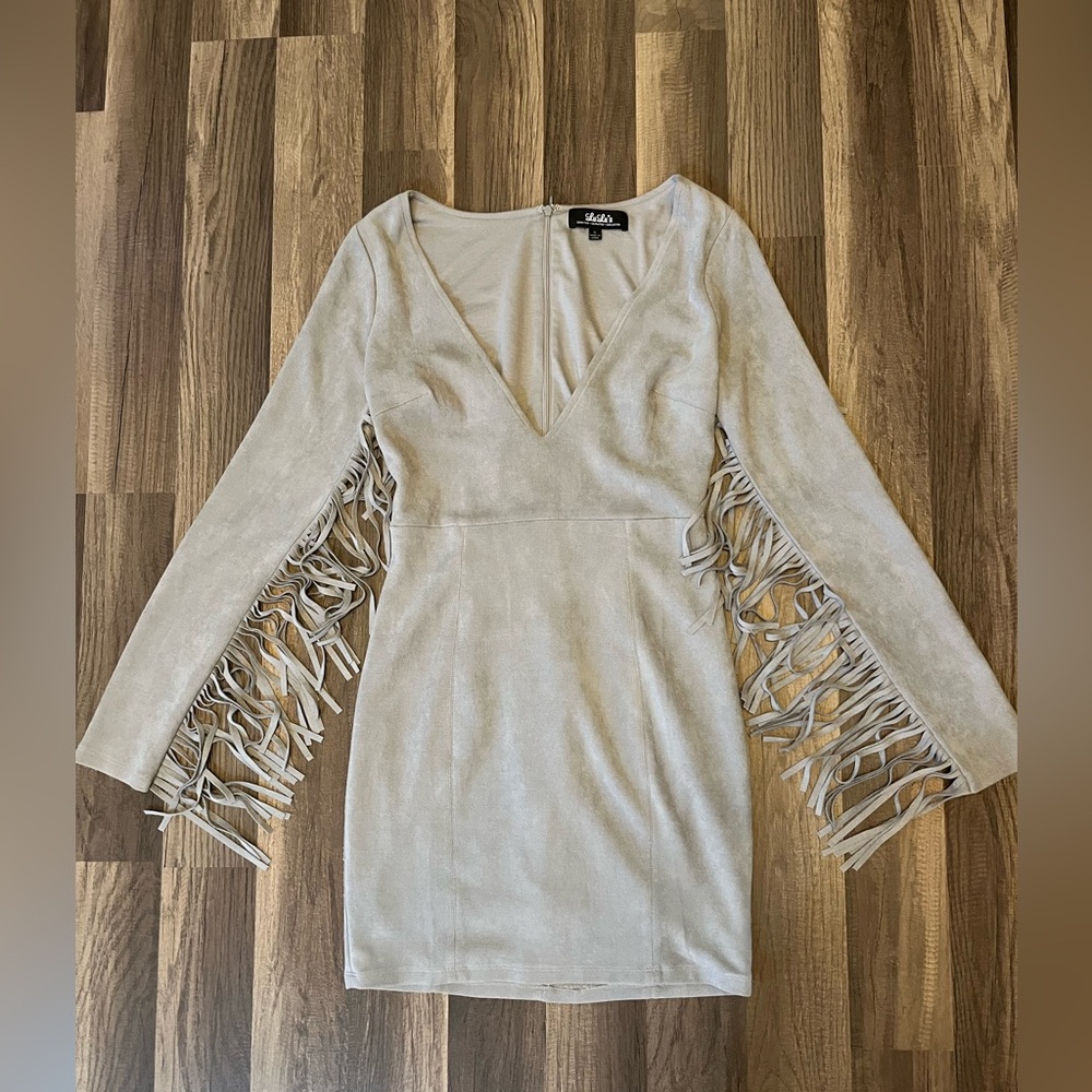 Lulu's Light Gray Fringe V-Neck Suede Mini Dress - Picture 8 of 16